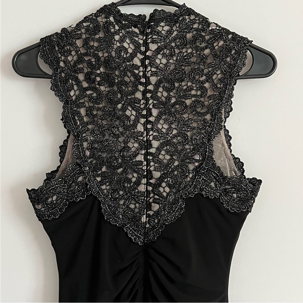 Xscape Black Crochet Back Ruche Draped Fitted Cocktail Dress - Picture 9 of 11